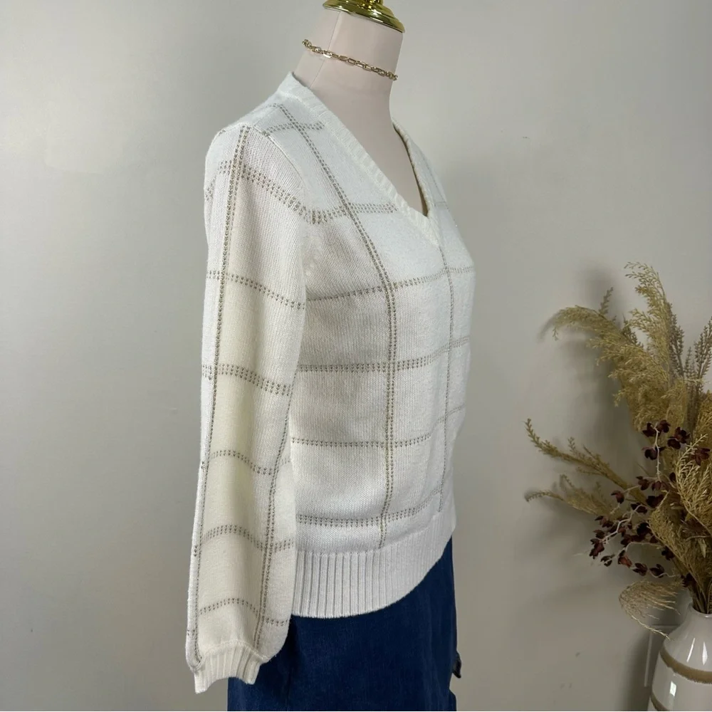 Worthington Women's Sweater Small S Ivory Gold Metallic Plaid V-Neck Shimmer - Picture 3 of 12